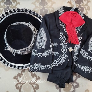 Free Shipping!! Our Lady of Guadalupe Beautiful 6 pieces Boy Charro Suit, Black with Silver Charro Suit with Hat, Baptism Mariachi Suit