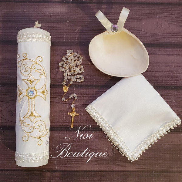 Beautiful Christening 4 Pieces Candle Set, Baptism 4 Pieces Set, Color Ivory, Handmade, Vela de Bautizo, Ceremony candle, a Unique Design