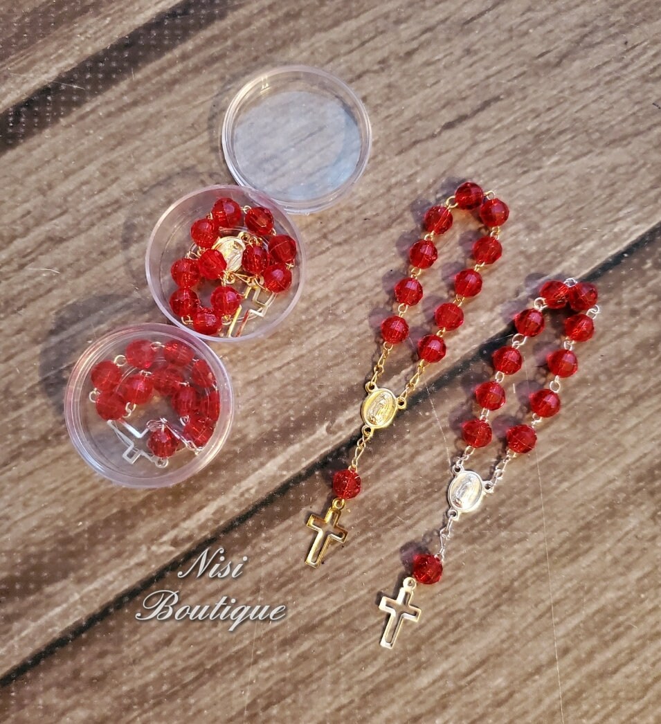 12 pieces of Mini Rosary Favors Red Gold or Red Silver with box, Christening, First Communion, Confirmation, all occasion, Misterios