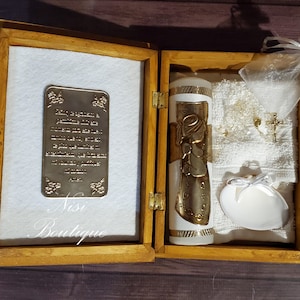 Beautiful Baptism Wood Box Candle Set, Christening 6 Pieces Set, Embossing Girl Design, Color White, Vela de Bautizo con Caja De Madera.
