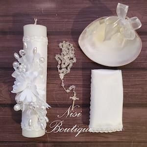 Beautiful Baptism Candle Set, Christening 4 Pieces Set, Color White, Handmade, Vela de Bautizo, Ceremony candle, a Unique Design