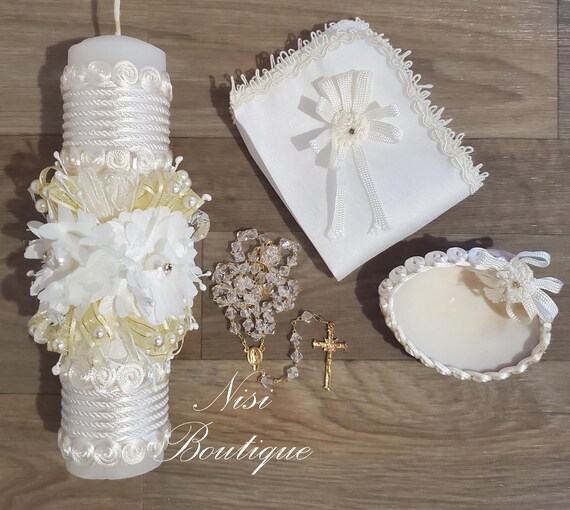 thumbnail image 2 of Baptism Candle Set In Spanish - 6-Piece Catholic Baptismal Set With Virgin Mary 2 of 11