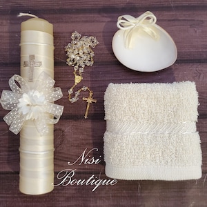 Beautiful Baptism Candle Set, Christening 4 Pieces Set, Ivory, Handmade, Vela de Bautizo, Ceremony candle, a unique design.