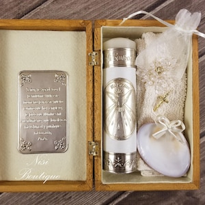 Beautiful Baptism Wood Box Holy Spirit Candle Set, Christening 6 Pieces Set, Color Ivory, Vela de Bautizo Espiritu Santo