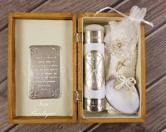 Beautiful Baptism Wood Box Holy Spirit Candle Set, Christening 6 Pieces Set, Color Ivory, Vela de Bautizo Espiritu Santo