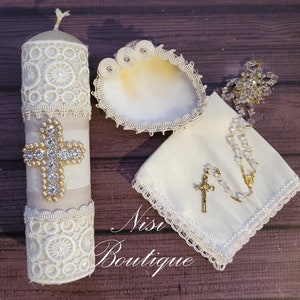 Beautiful 4 pieces Baptism Candle Set, Ivory Baptism Set, Baptism Candle Set Handmade, Vela de Bautizo, Ceremony candle, a unique design.