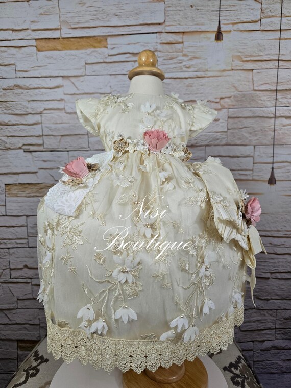 Free Shipping Baptism Dress, Christening Gown, Baby Girl Beige