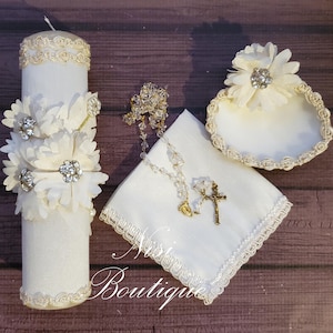 Beautiful Baptism Candle Set, Christening 4 Pieces Set, Ivory, Handmade, Vela de Bautizo, Ceremony candle, a unique design.