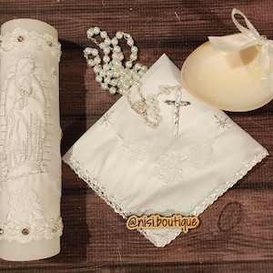 Beautiful Our Lady of Guadalupe Baptism Candle Set, Christening 4 Pieces Set, White / Silver, Handmade, Virgen de Guadalupe, Vela de Bautizo