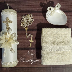Beautiful Baptism Candle Set, Christening 4 Pieces Set, Ivory, Handmade, Vela de Bautizo, Ceremony Candle, a Unique Design.