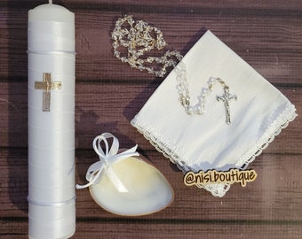 Beautiful Baptism Candle Set, Christening 4 Pieces Set, White, Handmade, Vela de Bautizo, Ceremony candle, a unique design.