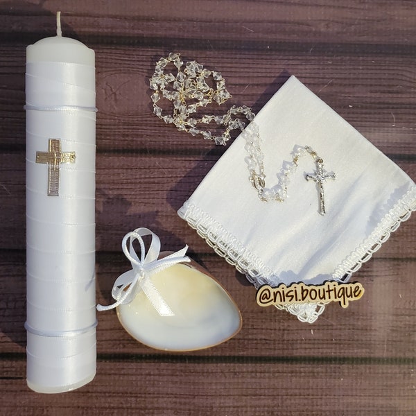 Beautiful Baptism Candle Set, Christening 4 Pieces Set, White, Handmade, Vela de Bautizo, Ceremony candle, a unique design.