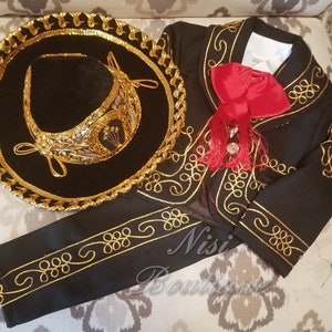 Free Shipping!!  Beautiful 6 pieces Boy Charro Suit, Black with Gold Charro Suit with Hat, Charro Outfit, Mariachi Suit