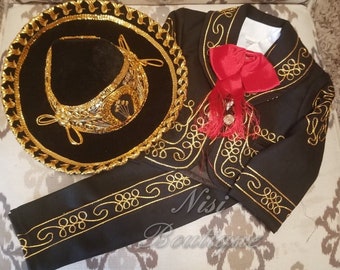 Free Shipping!!  Beautiful 6 pieces Boy Charro Suit, Black with Gold Charro Suit with Hat, Charro Outfit, Mariachi Suit