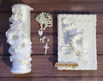 Beautiful Spanish First Communion Candle Set, White First Communion Candle Set, 3 Pieces First Communion Candle Set  or confirmation set.