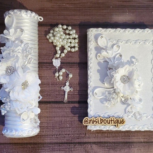 Beautiful Spanish First Communion Candle Set, White First Communion Candle Set, 3 Pieces First Communion Candle Set  or confirmation set.