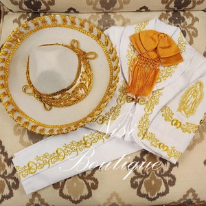 Free Shipping!! Our Lady of Guadalupe Beautiful 6 pieces Boy Charro Suit, White with Gold Charro Suit with Hat, Baptism Mariachi Suit