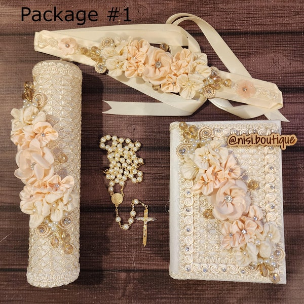 Free Shipping!! Beautiful First Communion or Confirmation Candle Set, Ivory Color  with Complete Spanish Bible and Flower Dress Belt Option