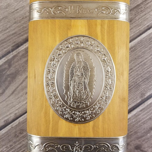 Beautiful Baptism Wood Box Our Lady of Guadalupe Candle Set