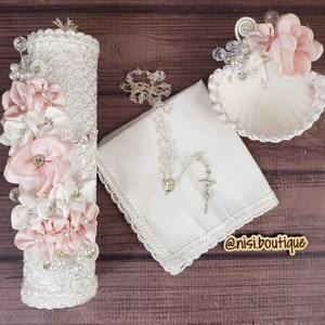 Lindo conjunto de velas de batismo de 4 peças, conjunto de batismo branco rosa, vela de batismo feita à mão, vela de Bautizo, vela de cerimônia, um design exclusivo