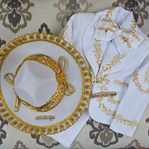 Free Shipping!! Our Lady of Guadalupe Beautiful 6 pieces Boy Charro Suit, White with Gold Charro Suit with Hat, Baptism Mariachi Suit
