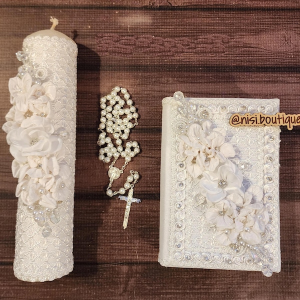 Free Shipping!! Beautiful First Communion or Confirmation Candle Set, White Color  with Complete Spanish Bible and Beautiful Rosary