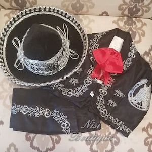 Beautiful 6 pieces Boy Charro Suit, Black with Silver Charro Suit with Hat, Charro Outfit, Mariachi Suit