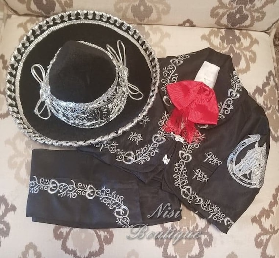 Beautiful 6 pieces Boy Charro Suit,Black with Silver Charro Suit with Hat,Charro