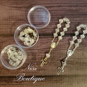 12 pieces of Mini Rosary Favors Transparent Gold or Silver with box, Christening, First Communion, Confirmation, all occasion, Misterios