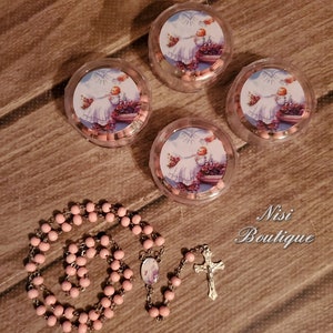 12 Pieces of Rosary Favors Color Pink with box and, Christening, Baptism, Rosarios de Recuerdo Bautizo Color Rosa con Caja de Plástico