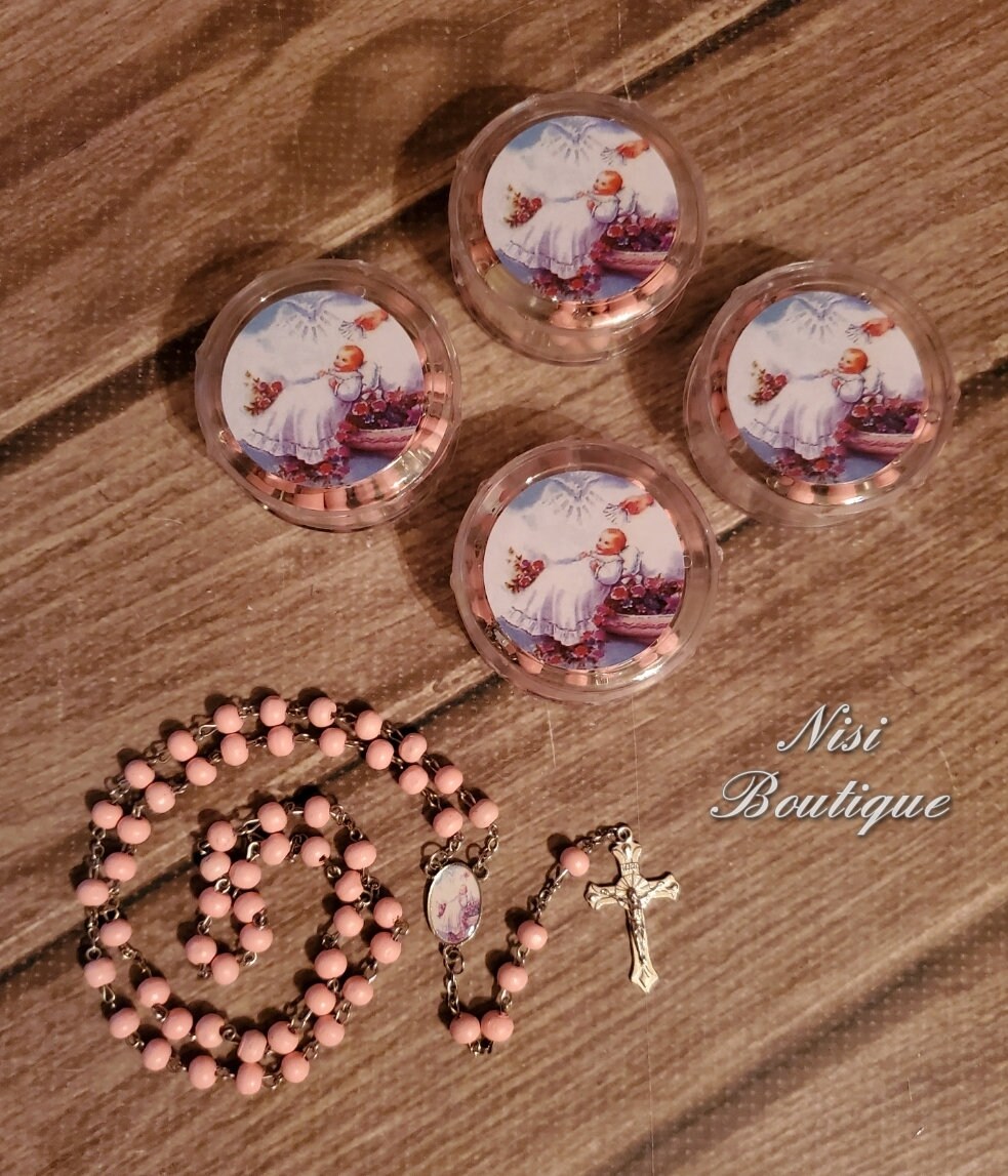 12 Pieces of Rosary Favors Color Pink with box and, Christening, Baptism, Rosarios de Recuerdo Bautizo Color Rosa con Caja de Plástico