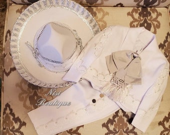 Our Lady of Guadalupe Beautiful 6 pieces Boy Charro Suit, White with Silver Charro Suit with Hat, Mariachi Suit, Baptism Charro Suit