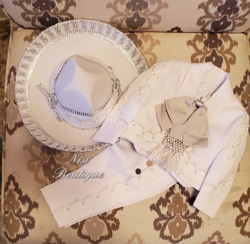 Our Lady of Guadalupe Beautiful 6 pieces Boy Charro Suit, White with Silver Charro Suit with Hat, Mariachi Suit, Baptism Charro Suit