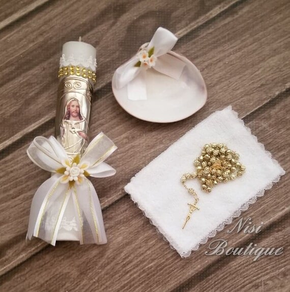 Beautiful Baptism Candle Set Christening 4 Pieces Set White Etsy