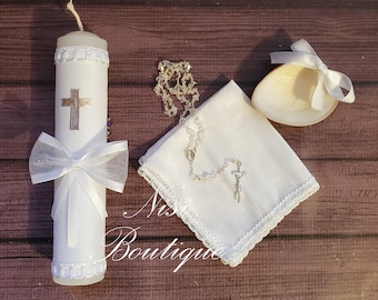 Beautiful Baptism Candle Set, Christening 4 Pieces Set, White, Handmade, Vela de Bautizo, Ceremony candle, a unique design.