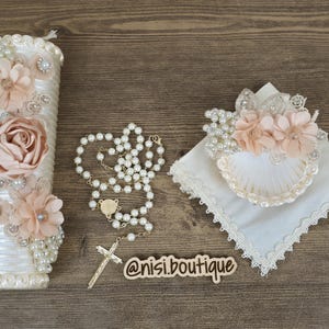 Free Shipping!! Beautiful Baptism Candle Set, Christening 4 Pieces Set, Color Ivory Salmon, Handmade, Vela de Bautizo, Ceremony candle