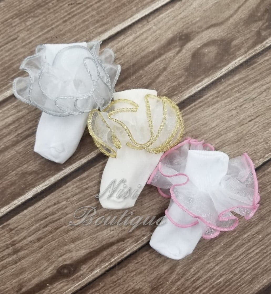 Pack of 3 Girl Ruffle Socks, WhiteSilver, IvoryGold and WhitePink, Nylon, Perfect for Special Occasion, Girl Baptism Outfit, Ruffle Socks