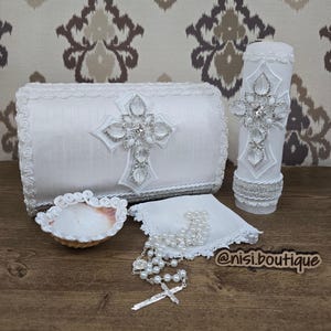Unique Baptism  Candle Set 5 Piece Handmade White Cross Design, Christening Keepsake, Vela de Bautizo, Ceremony Essentials