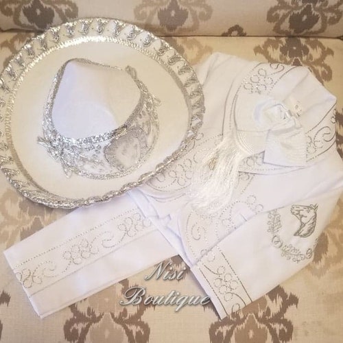 Free Shipping!! Our Lady of Guadalupe Beautiful 6 pieces Boy Charro Suit, White with Silver Charro shops Suit with Hat, Baptism Mariachi Suit