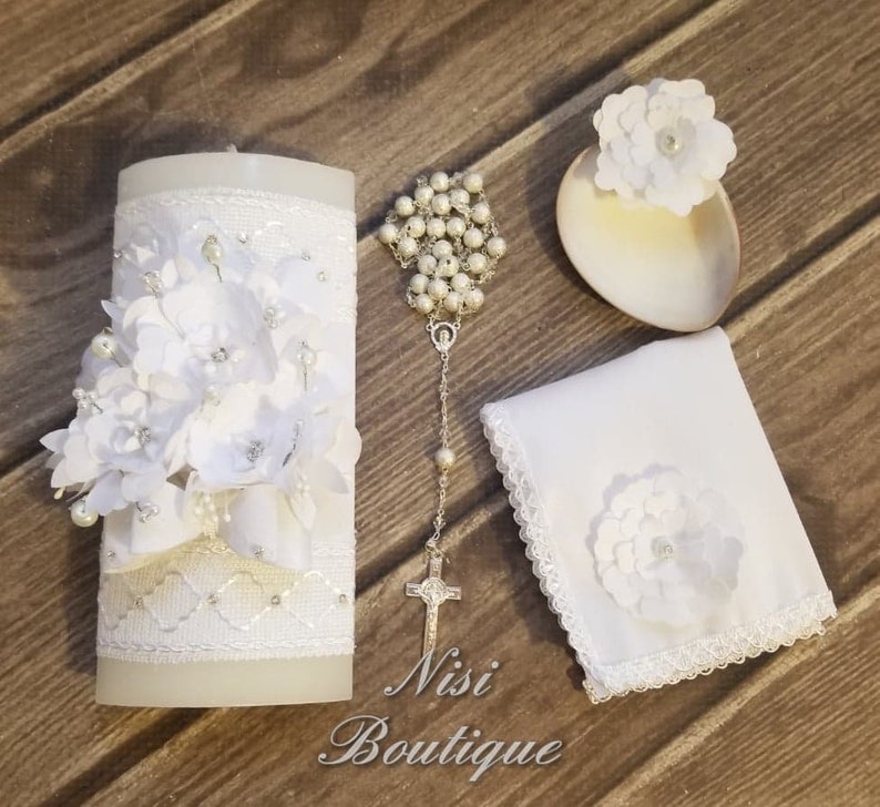Beautiful Baptism Candle Set Christening 4 Pieces Set White Etsy