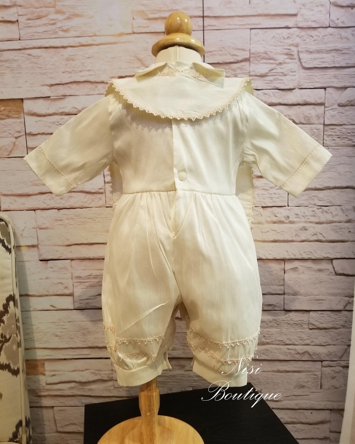 Bailey Boys Baby Ivory Smocked Christening Cross Gown with Collar - Short Sleeves - Boy