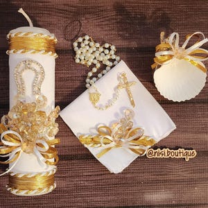 Beautiful 4 pieces Charro Baptism Candle Set, White/Gold Baptism Set, Baptism Candle Set Handmade, Ceremony candle, a unique design.