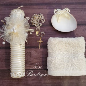 Beautiful Baptism Candle Set, Christening 4 Pieces Set, Ivory, Handmade, Vela de Bautizo, Ceremony candle, a unique design.