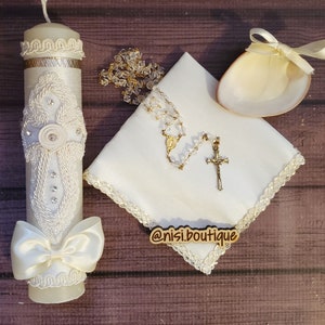 Beautiful Baptism Candle Set, Christening 4 Pieces Set, Ivory, Handmade, Vela de Bautizo, Ceremony candle, a unique design.