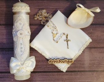 Hermoso Juego de Velas para Bautizo, Juego de 4 Piezas para Bautizo, Marfil, Hecho a Mano, Vela de Bautizo, Vela de ceremonia, un diseño único.