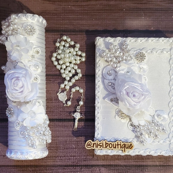 Beautiful Spanish First Communion Candle Set, White First Communion Candle Set, 3 Pieces First Communion Candle Set  or confirmation set.