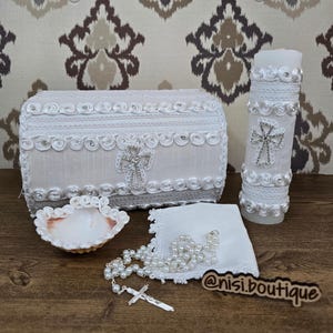 Unique Baptism  Candle Set 5 Piece Handmade White Cross Design, Christening Keepsake, Vela de Bautizo, Ceremony Essentials