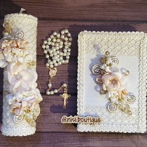Lindo conjunto de velas para comunhão ou confirmação do Novo Testamento espanhol, cor marfim, conjunto de velas para primeira comunhão ou confirmação, 3 peças