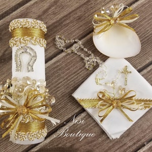 Beautiful 4 pieces Charro Baptism Candle Set, Ivory/Gold Baptism Set, Baptism Candle Set Handmade, Ceremony candle, a unique design.