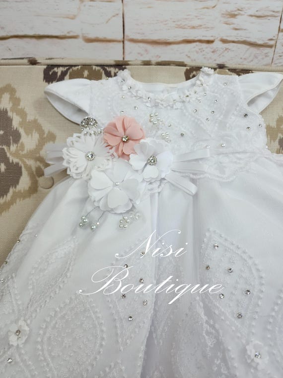 Free Shipping!! Beautiful White Christening Gown, Flower - Main Image